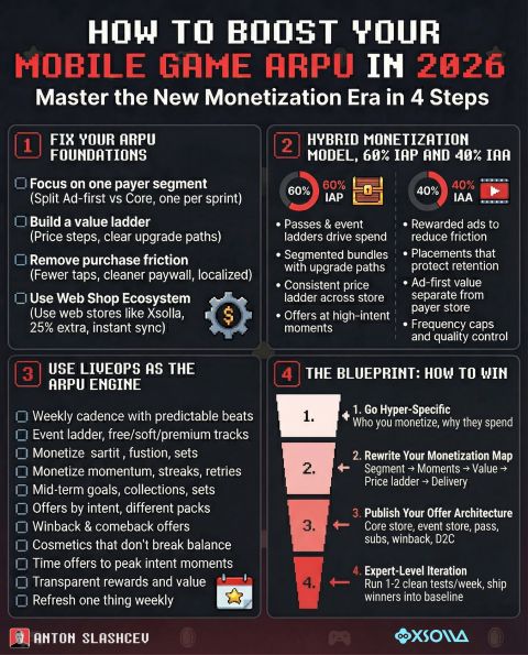 如何与Xsolla携手在2026年提升您的移动游戏ARPU  
今年我们与Xsolla共同解析了掌握变现的四大步骤：  
𝟭. 夯实ARPU基础 🧱  
• 严格专注于单一付费用户群体