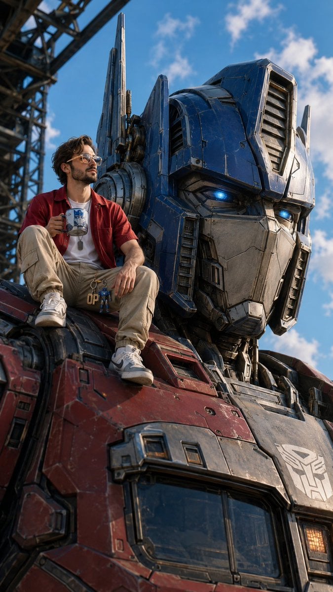 A realistic close-up of the giant Optimus Prime head, tak...