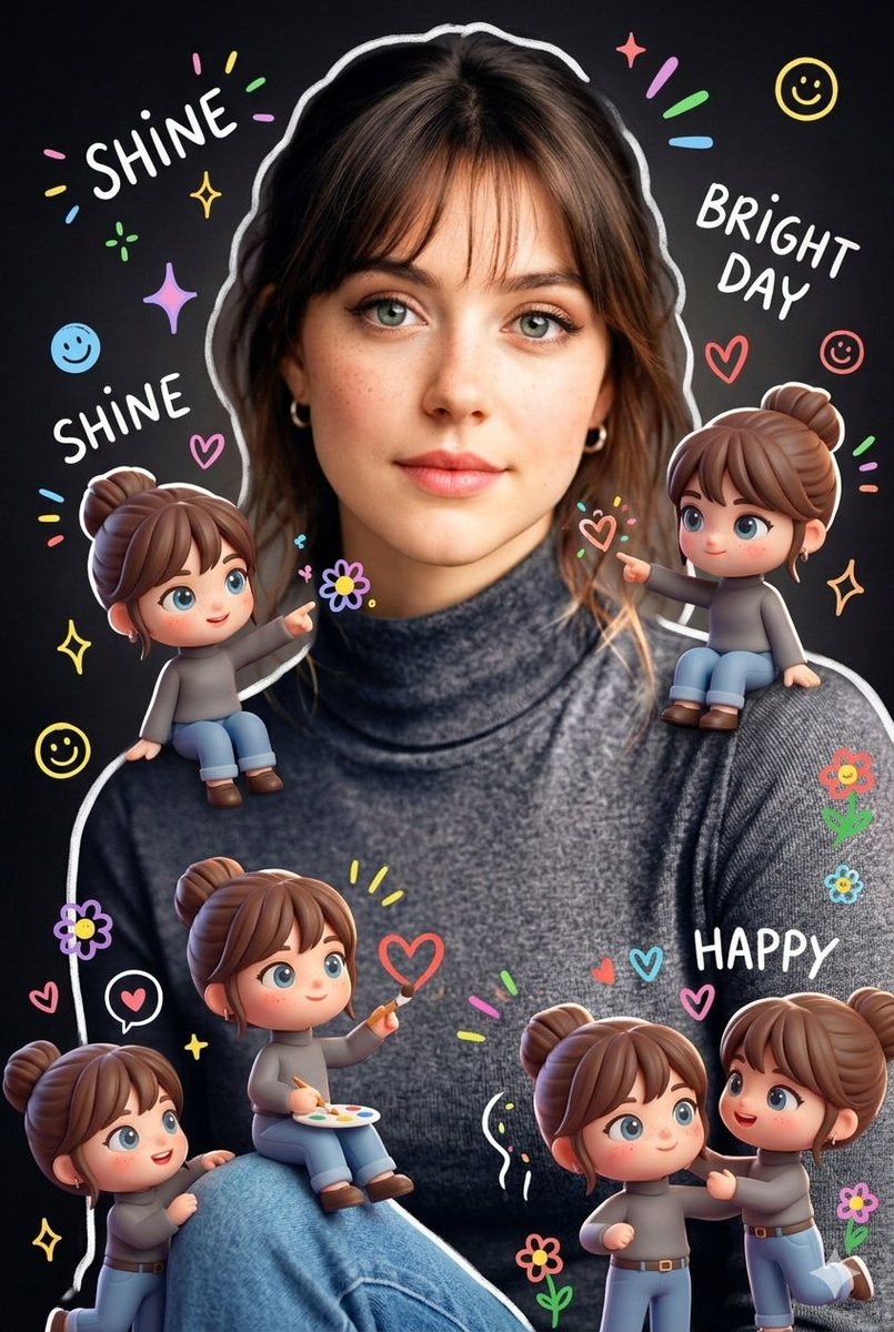 Surrounding the realistic main subject are multiple cute,...