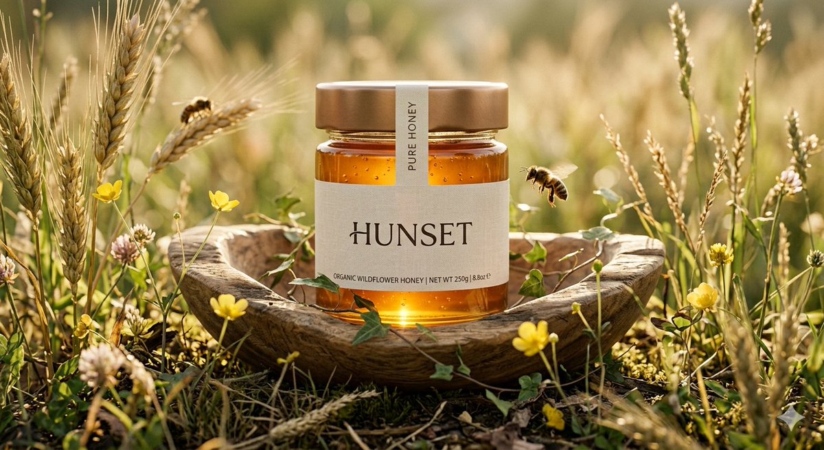 Ultra-realistic cinematic product shot of a premium honey...