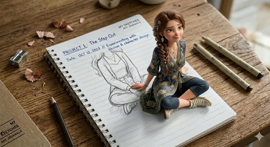 A creative 3D illusion artwork of a cute young girl stepp...