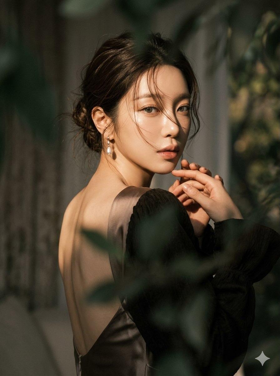 Create a moody, ethereal cinematic portrait of a woman wi...