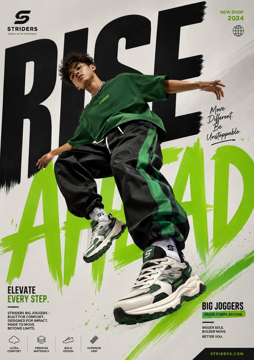 Generate a perfectly graphic designed poster of Shoe adve...