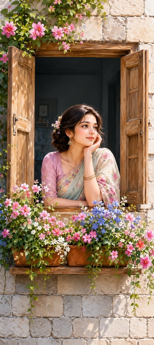 A beautiful young South Asian woman leaning on a rustic w...