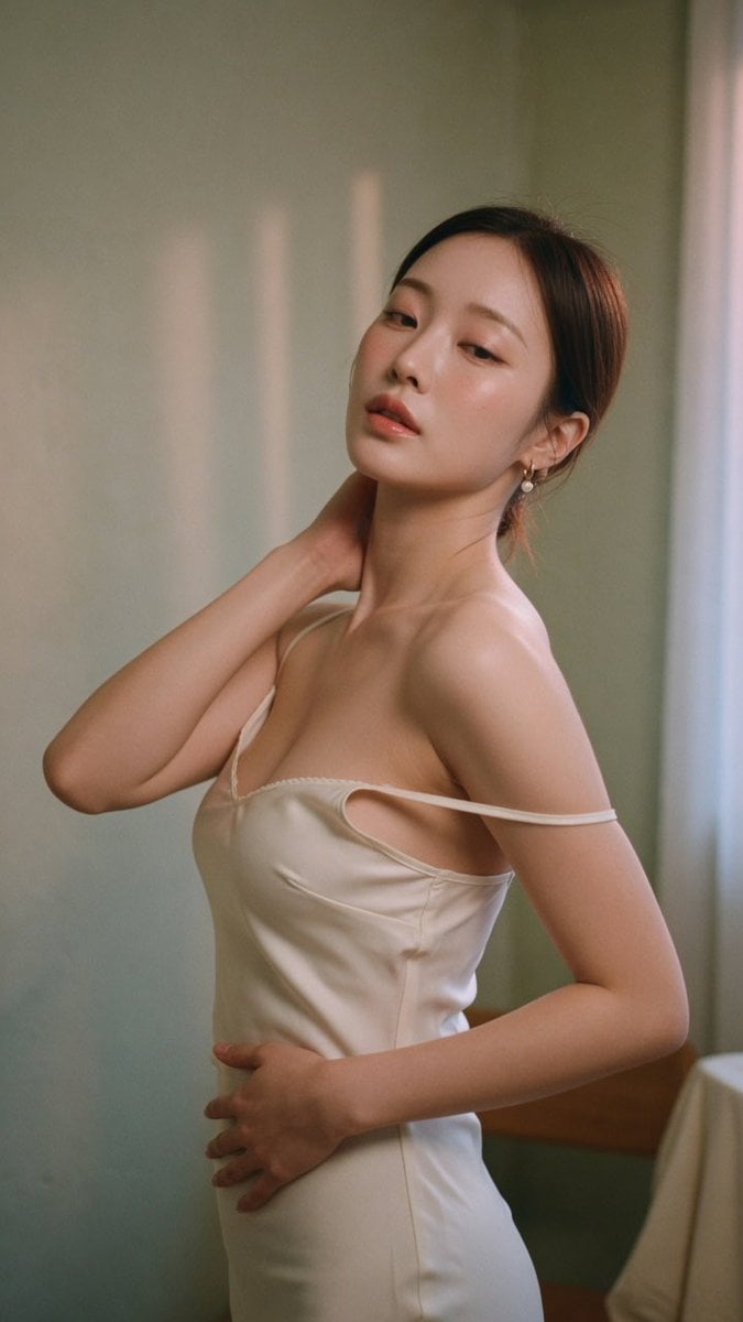 Realistic film photography, upper-body portrait of a beau...