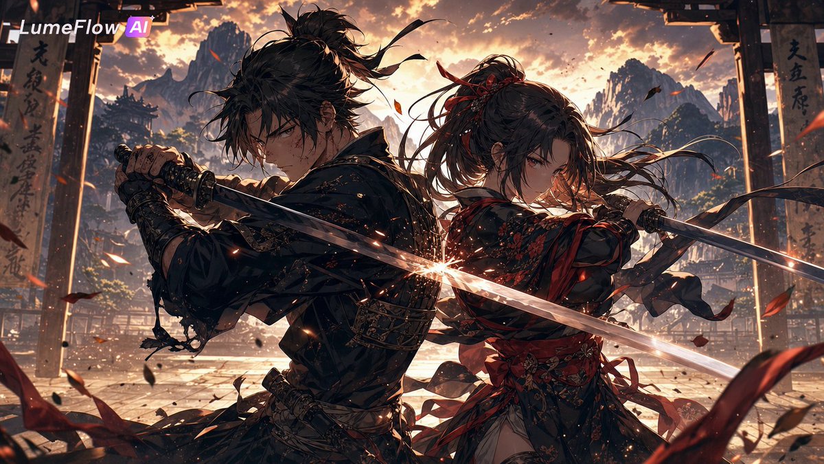 A powerful anime couple training together in a vast mount...