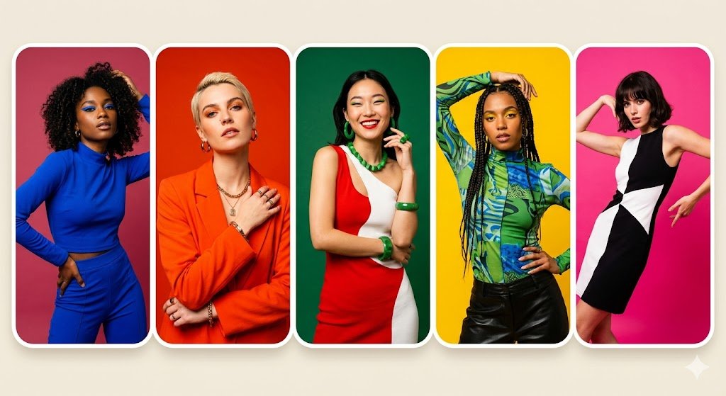 5 panel colorful portrait collage, fashion models, monoch...