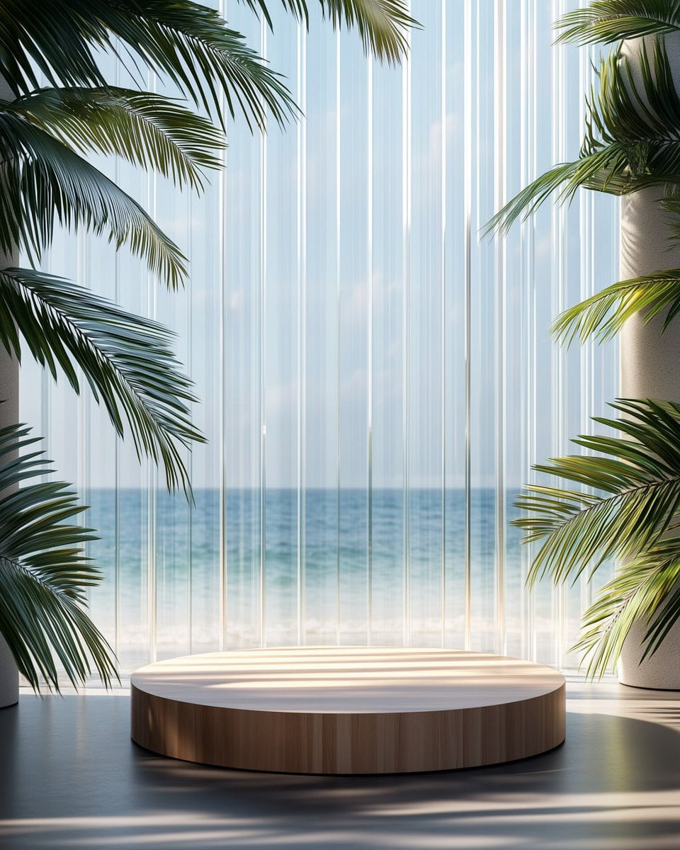 A mockup of a round wooden podium on the floor, against a...