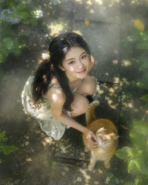 俯拍丁达尔效应花园少女与橘猫