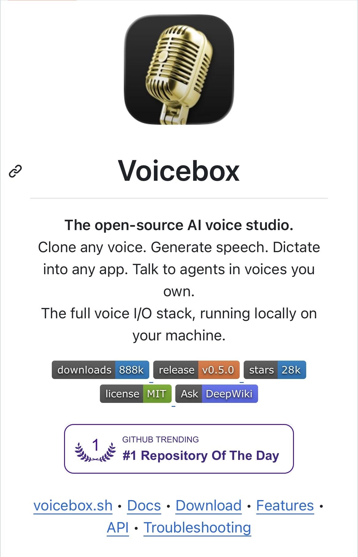🌟3.2k的开源项目 Voicebox，克隆你的声音，把 AI 配音工作室装进你的电脑最近有个叫 Voicebox 的项目在 GitHub 上悄悄火了，3200多颗星，作者 Jamie Pine 把它叫做开源 AI 语音工作室。说白了，它就是 ElevenLabs 和 WisprFlow 的本地替代方案，而且完全跑在你自己的机器上。它的核心功能有几个。第一个是声音克隆。你给它一段几秒的音频样本，它就能学会那个声音，然后生成任意文本的朗读。这个能力放在本地设备上跑，隐私风险为零。第二个是多语言语音合成。它支持 23 种语言，底层接了 7 个不同的 TTS 引擎。你想用哪个用哪个，不用被某个平台的模型绑死。第三个是语音输入。全局快捷键一按，任何文本框都能变成语音输入框。更实用的是，它可以把你的语音直接喂给 AI 代理，相当于给 AI 装了一个麦克风。这些功能有个共同点：所有模型、所有音频数据、所有语音记录，都不离开你的设备。不需要联网，不需要 API Key，不用注册账号。对于经常担心隐私的人来说，这点很重要。如果你想自己部署一个完全私有的 AI 语音工具，不妨看看。#AI开源工具##ai##开源项目精选##AI开源项目推荐#